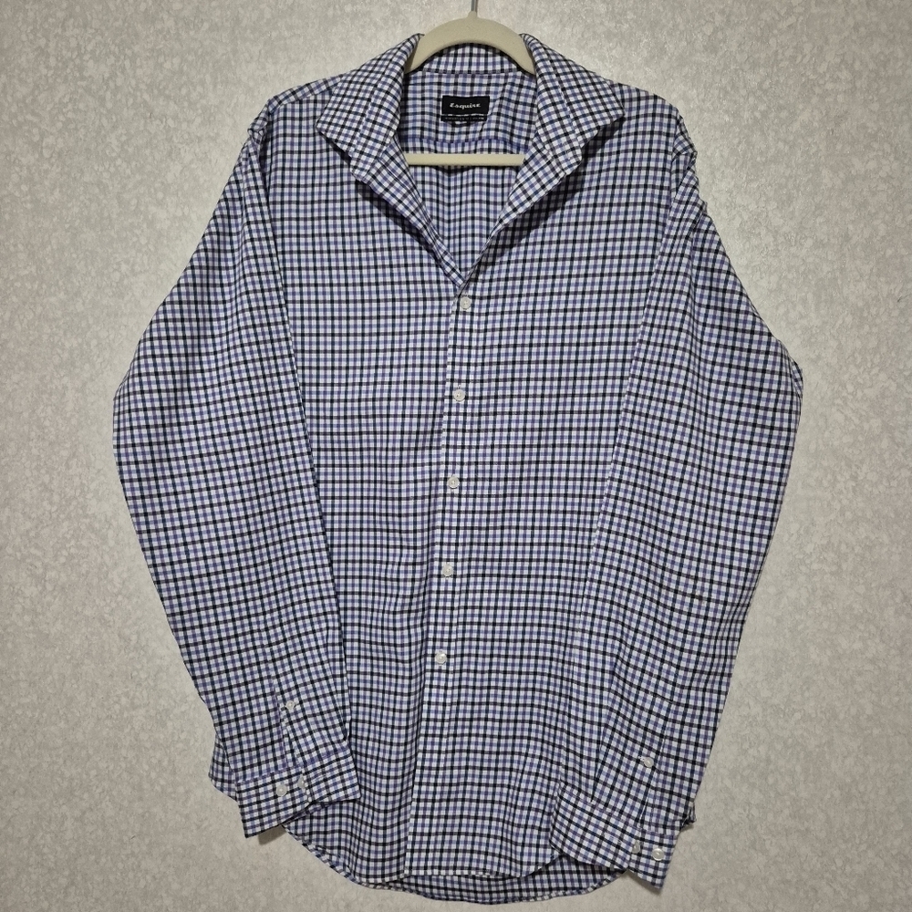 Men's Blue and White Checkered Button-Down Shirt...Size:L. 16Tall